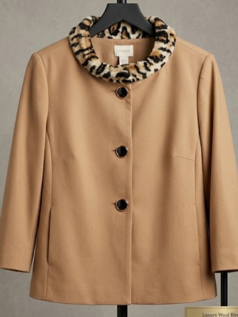 Chico's Camel Swing Jacket Leopard-Print Faux Fur Collar (Sz 8/10) Fall Chic